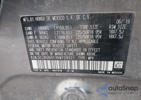 2019 Honda Hr-V Sport из США, поврежденный, VIN 3CZRU6H13KM728921